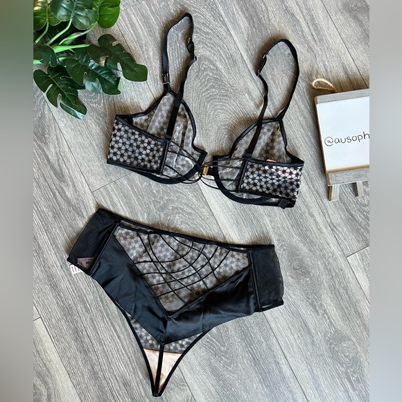 Victoria’s Secret black starburst unlined Demi bra high waisted thong panty NWT! - Picture 5 of 11